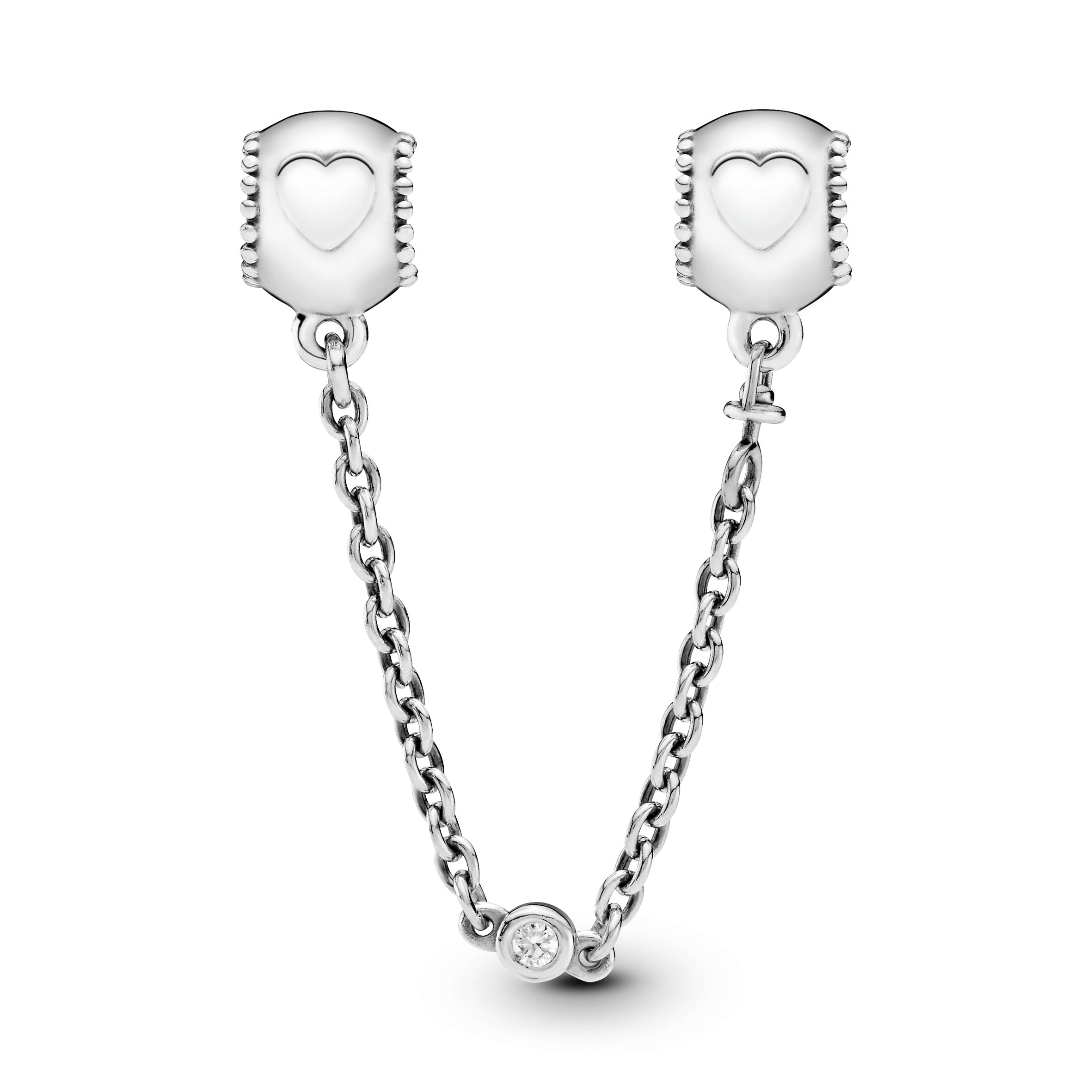 Hearts silver safety chain with clear cubic zirconia