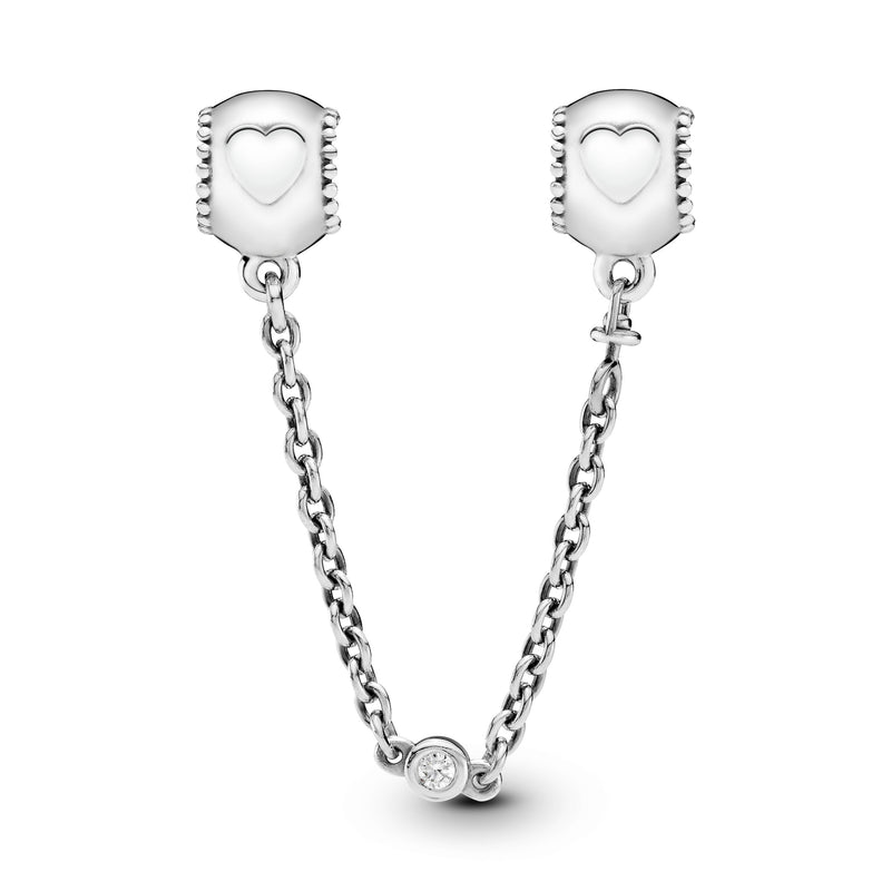 Hearts silver safety chain with clear cubic zirconia