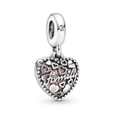 Family heart silver dangle with pink enamel and clear cubic zirconia