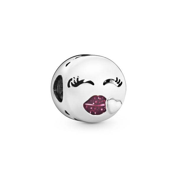 Kiss emoticon silver charm with cerise glitter enamel