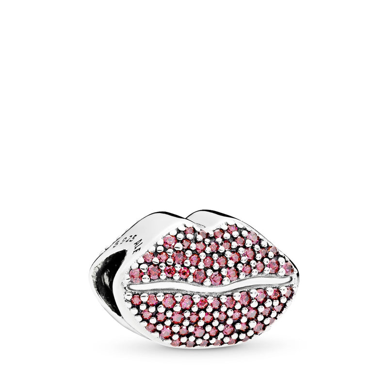 Lips silver charm with red cubic zirconia