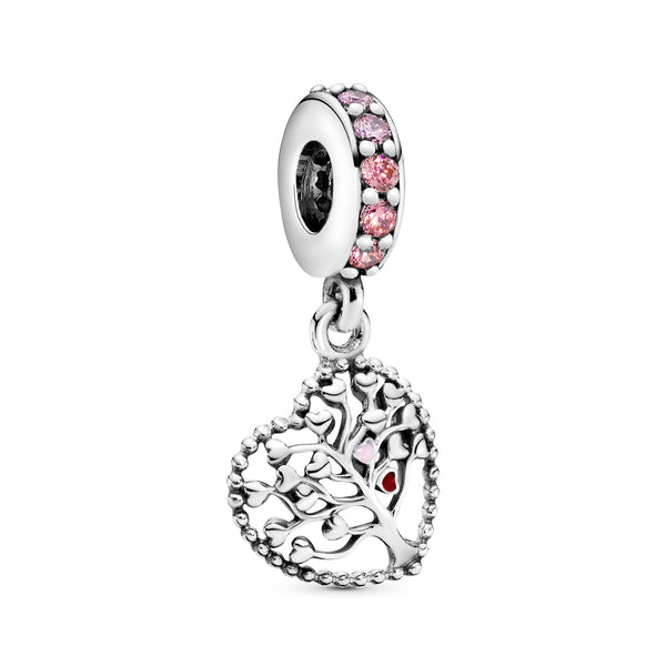 Family tree heart silver dangle with red and pink enamel and mixed pink stones