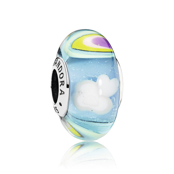 Rainbow and clouds silver charm with iridescent, white, grey, blue, yellow, green and transparent Murano glass and German glass