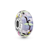 Bee silver charm with iridescent, black, green, white, purple and transparent Murano glass and pink German glass