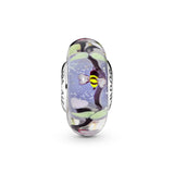 Bee silver charm with iridescent, black, green, white, purple and transparent Murano glass and pink German glass