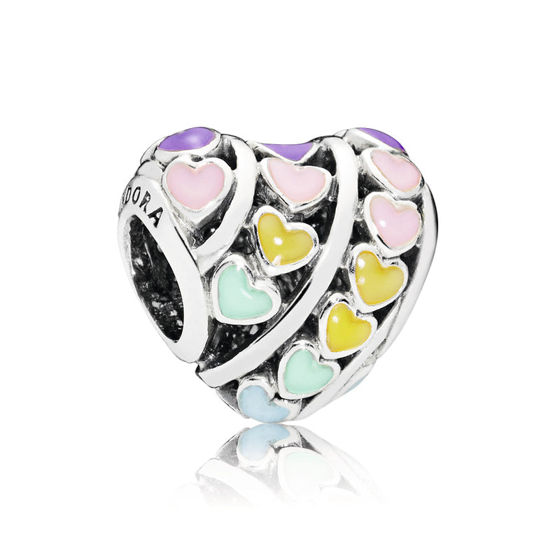 Heart silver charm with pink, purple, blue, yellow and green enamel