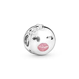 Winking emoticon silver charm with pink enamel