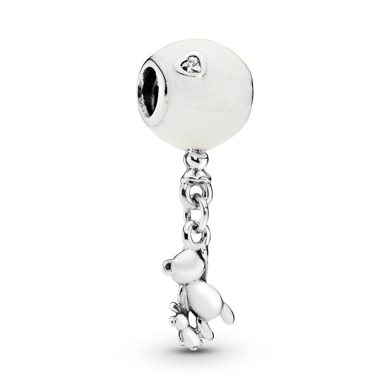 Balloon, teddy and rabbit silver charm with silver enamel and clear cubic zirconia