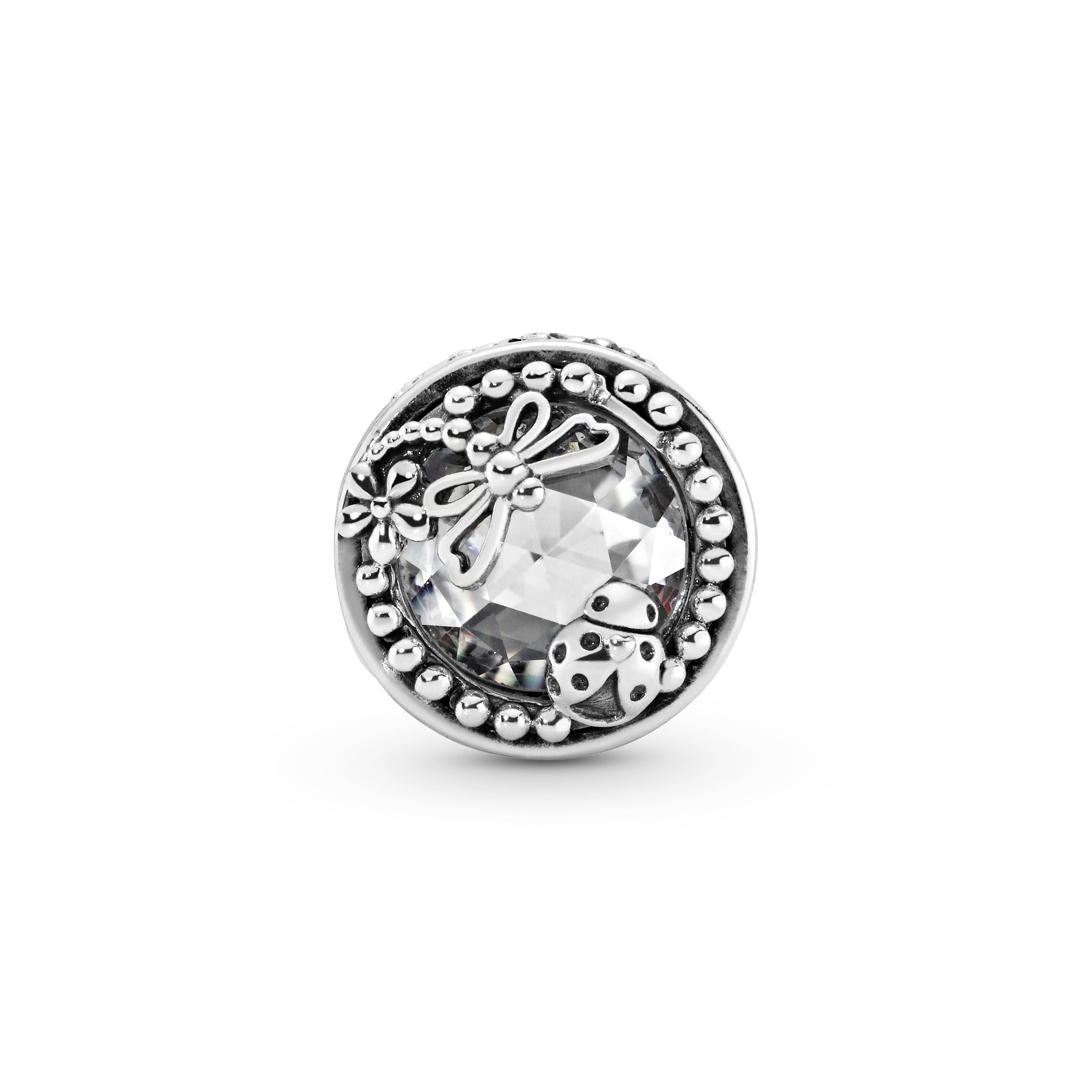 Dragonfly and ladybug silver charm with clear cubic zirconia
