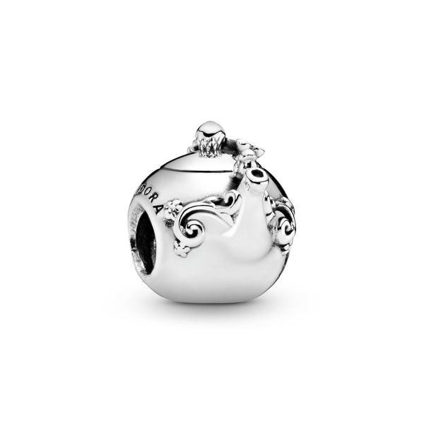 Teapot silver charm with clear cubic zirconia and pink enamel