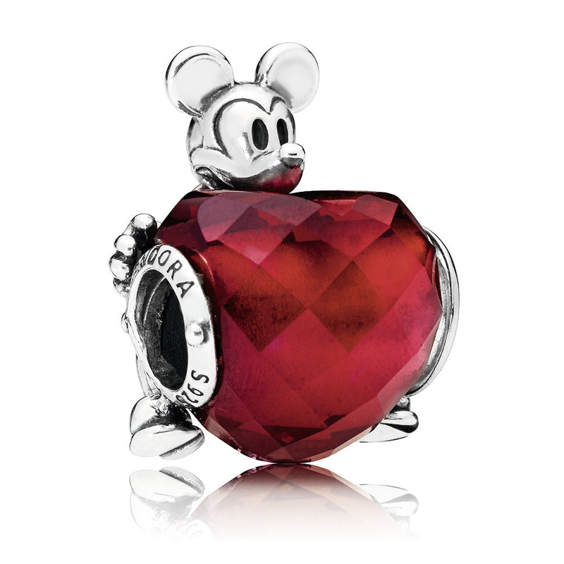 Disney Mickey silver heart charm with fuchsia rose crystal