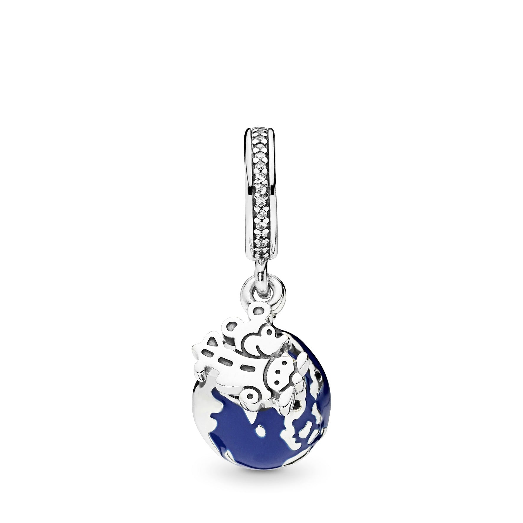 Disney Globe silver dangle with blue enamel, clear cubic zirconia and black crystal