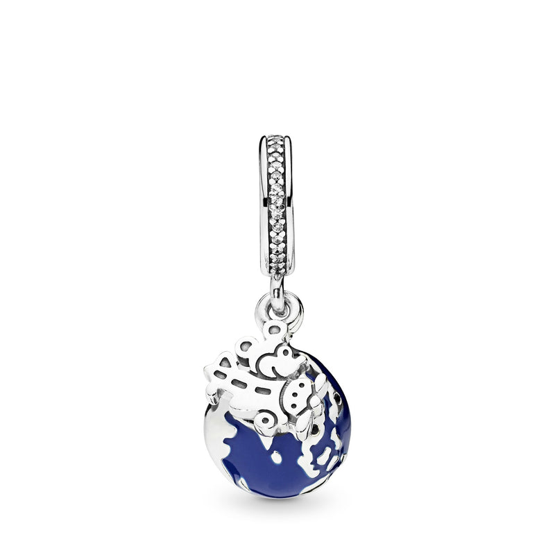 Disney Globe silver dangle with blue enamel, clear cubic zirconia and black crystal