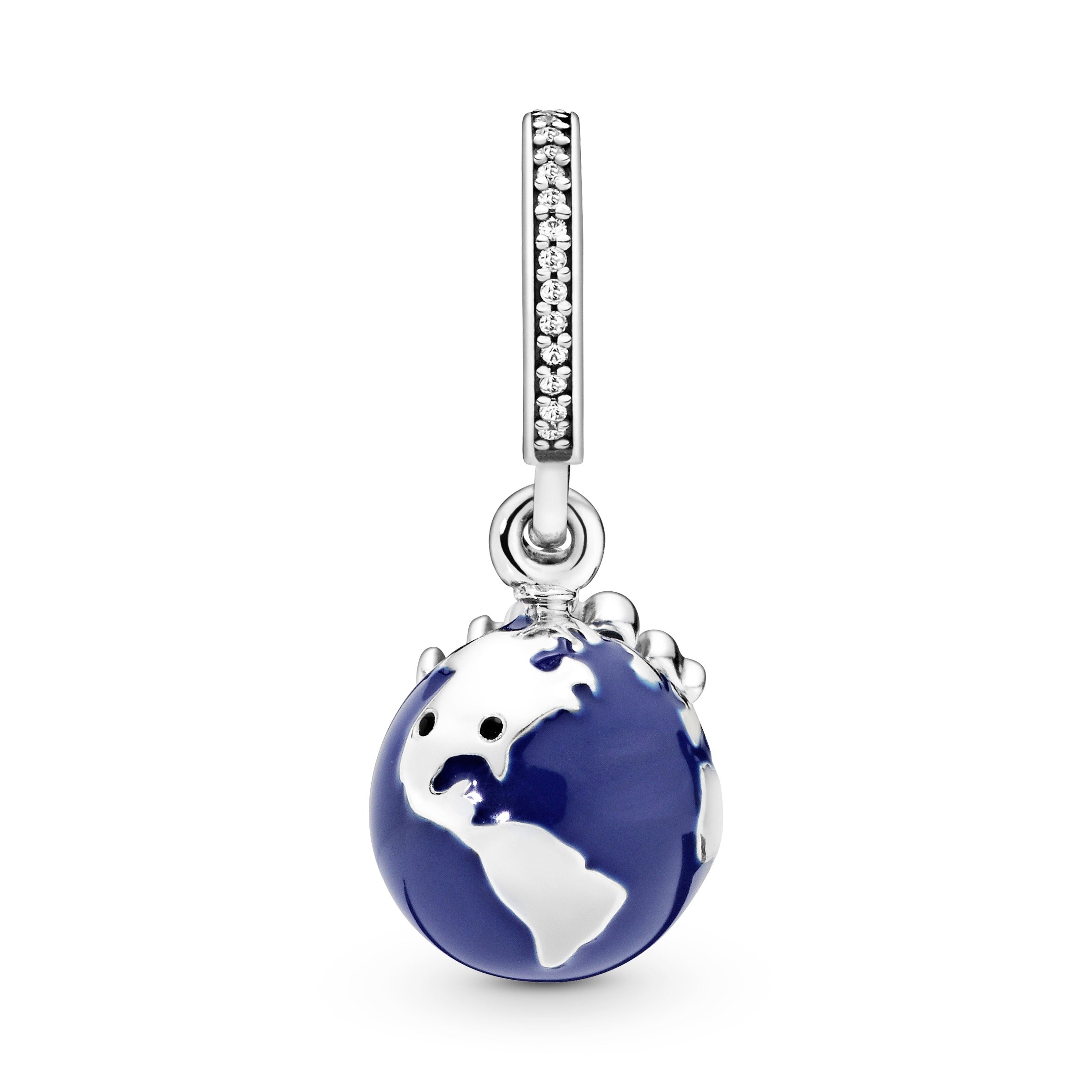 Disney Globe silver dangle with blue enamel, clear cubic zirconia and black crystal