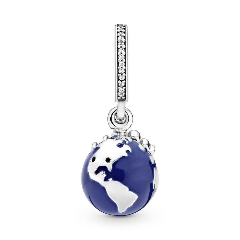 Disney Globe silver dangle with blue enamel, clear cubic zirconia and black crystal