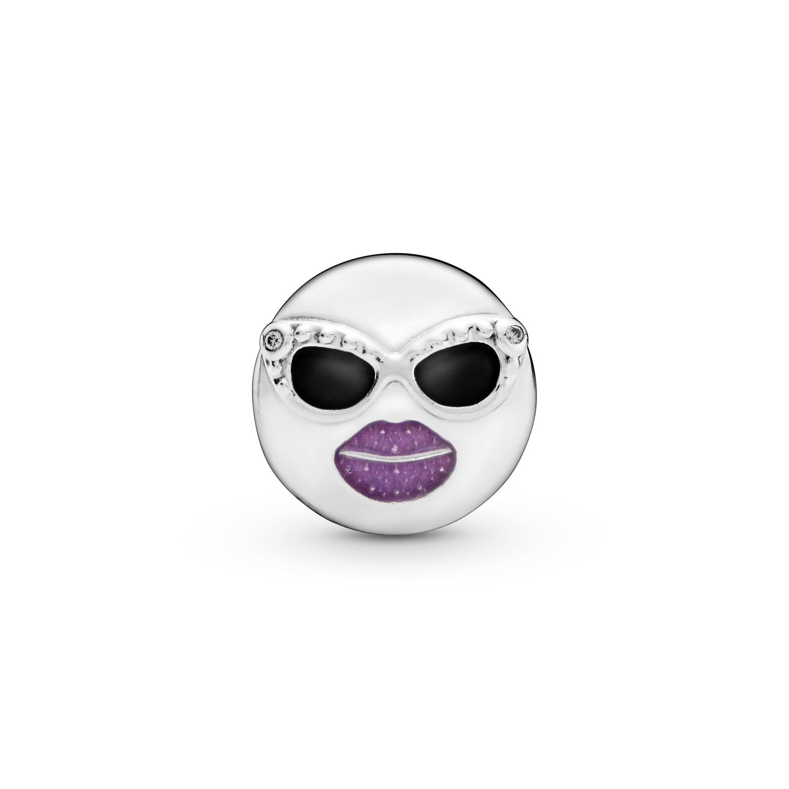 Emoticon silver charm with purple and black enamel and clear