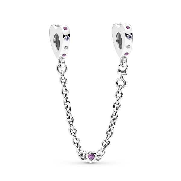 Heart silver safety chain with royal purple crystal, lilac crystal, fancy purple and clear cubic zirconia