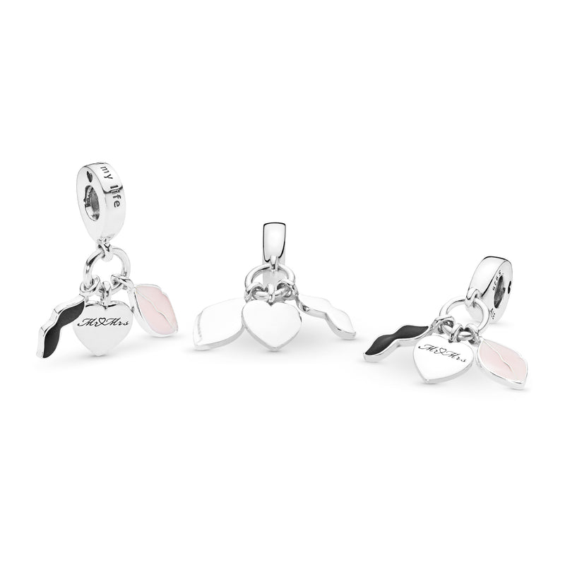 Mr and Mrs silver dangle with black and pink enamel