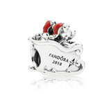 Disney Mickey & Minnie sled silver charm with red enamel and clear cubic zirconia