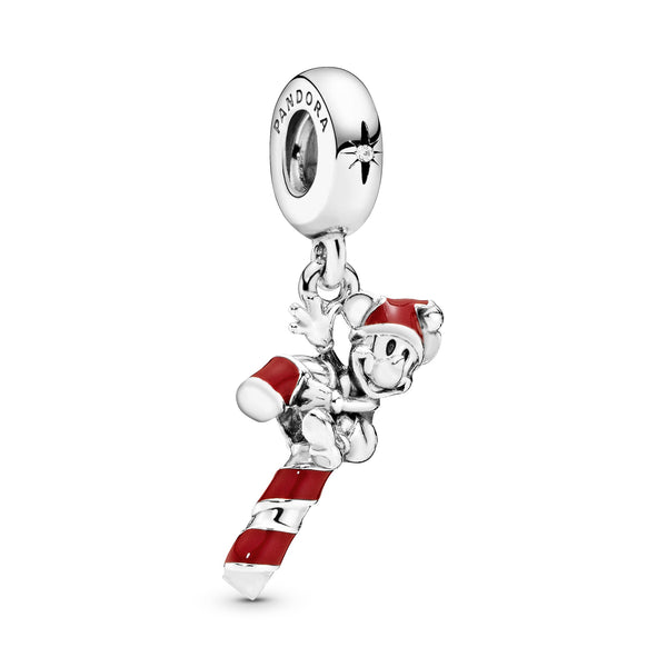 Disney Mickey candy cane silver dangle with red enamel and clear cubic zirconia