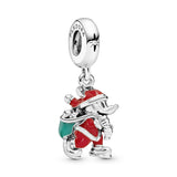 Disney Mickey Santa silver dangle with red, green enamel and clear cubic zirconia