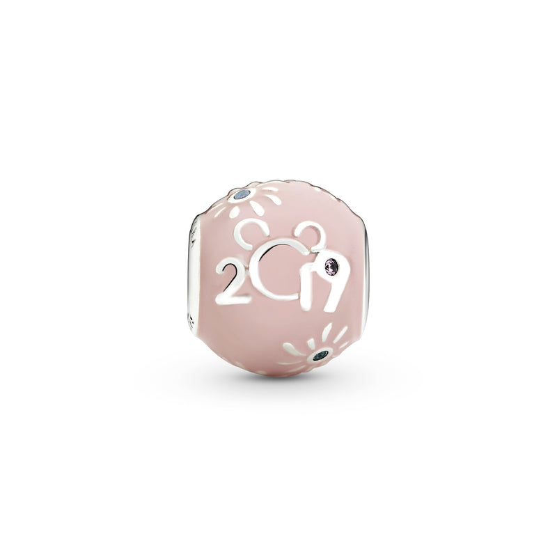 Disney 2019 silver charm with pink enamel, lilac crystal, pink, fancy golden coloured and green cubic zirconia