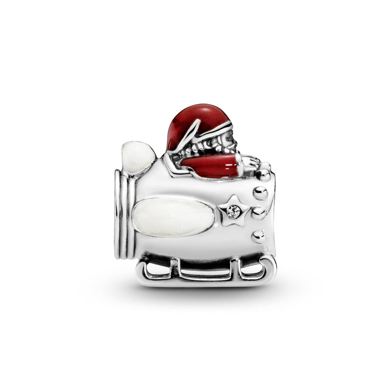Santa in spaceship silver charm with red, silver enamel and clear cubic zirconia