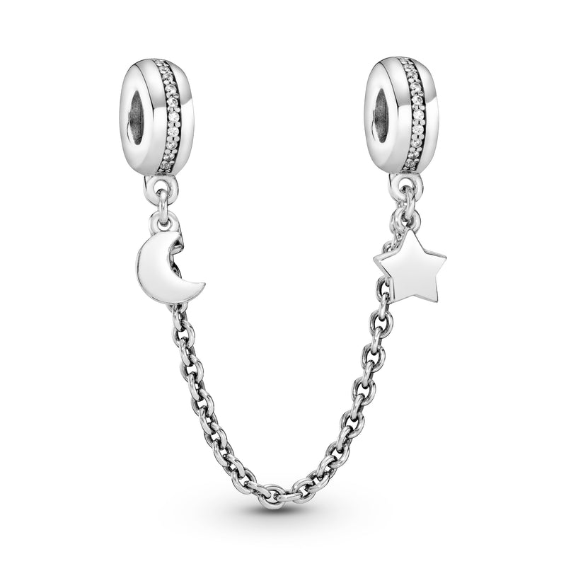 Moon and star silver safety chain with clear cubic zirconia