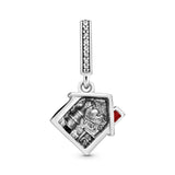 Christmas house silver dangle with red enamel and clear cubic zirconia