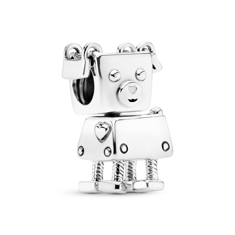 Robot dog silver charm with white enamel