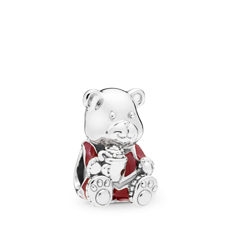 Christmas teddy bear silver charm with red and white enamel