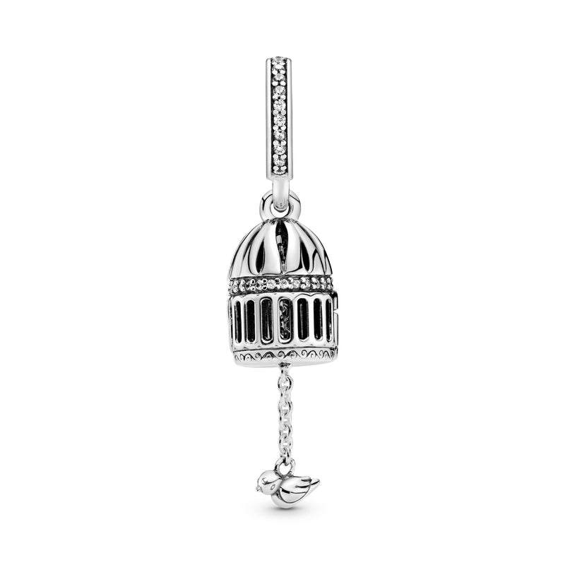 Birdcage openable silver dangle with clear cubic zirconia