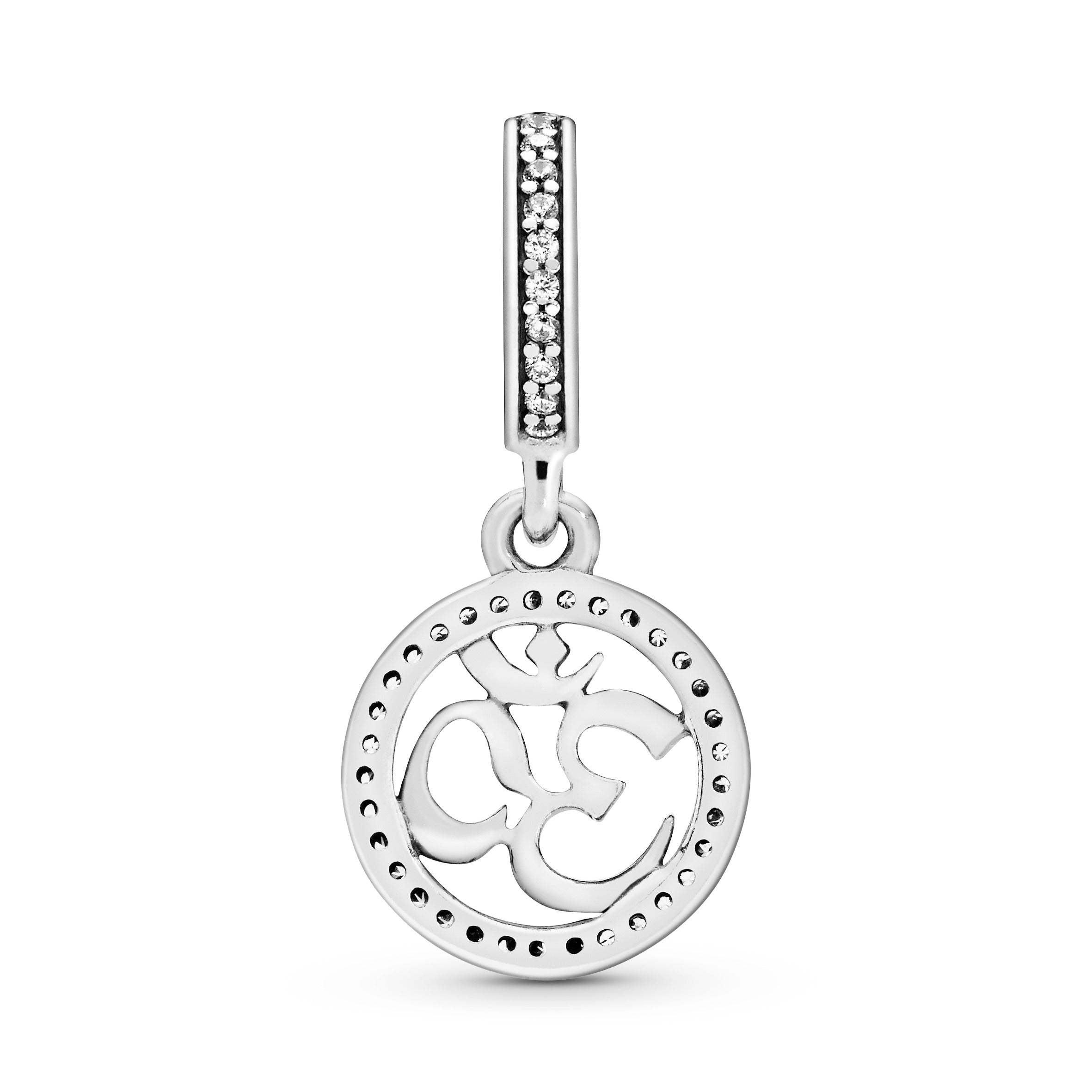 OM sign silver dangle with clear cubic zirconia