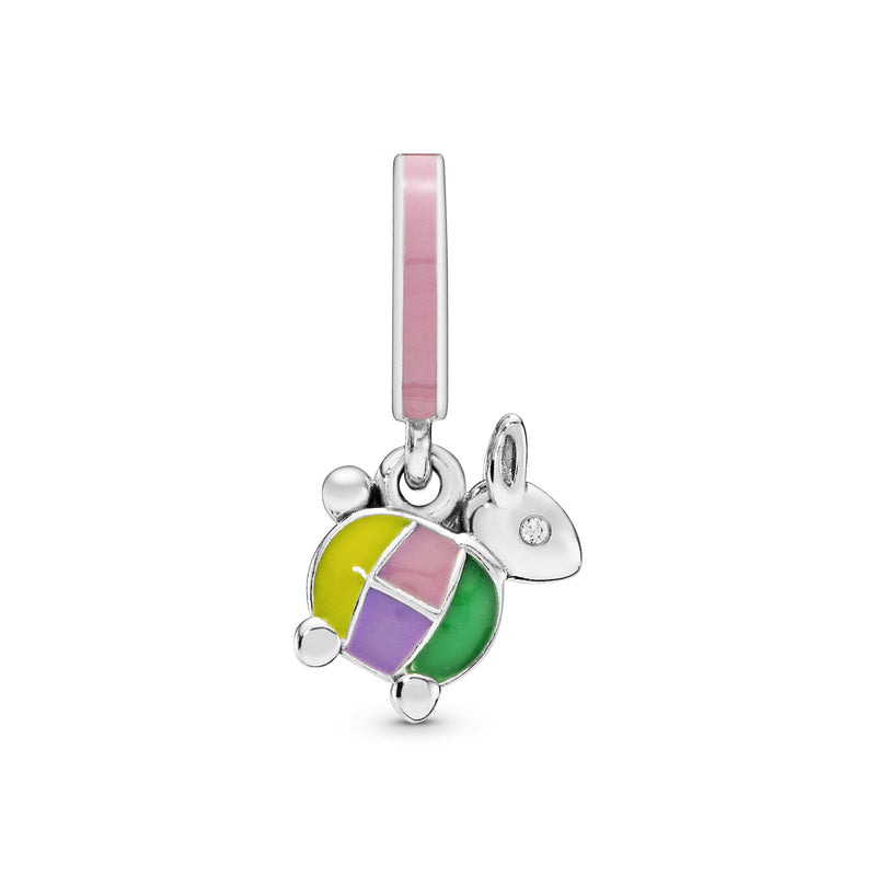 Rabbit lantern silver dangle with clear cubic zirconia, pink, purple, green and yellow enamel