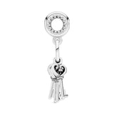 Love keys silver dangle with pink mist, royal purple, royal blue crystal and red cubic zirconia