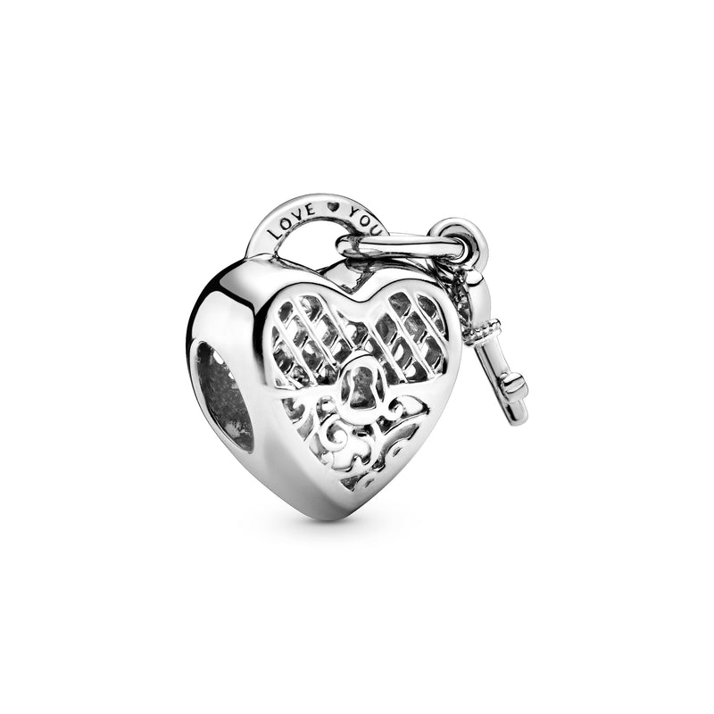 Heart padlock and key silver charm