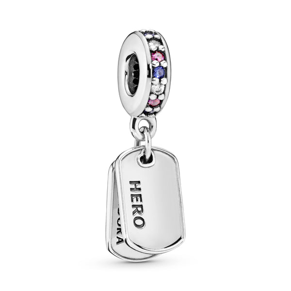 Dog tag silver dangle with royal blue crystal, red and clear cubic zirconia