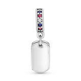Dog tag silver dangle with royal blue crystal, red and clear cubic zirconia