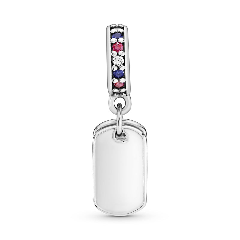 Dog tag silver dangle with royal blue crystal, red and clear cubic zirconia
