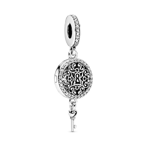 Regal pattern key openable silver dangle with clear cubic zirconia