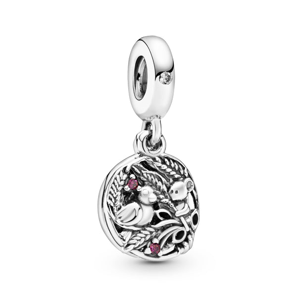 Wheatfield bird and mouse silver dangle with purple enamel, red and clear cubic zirconia