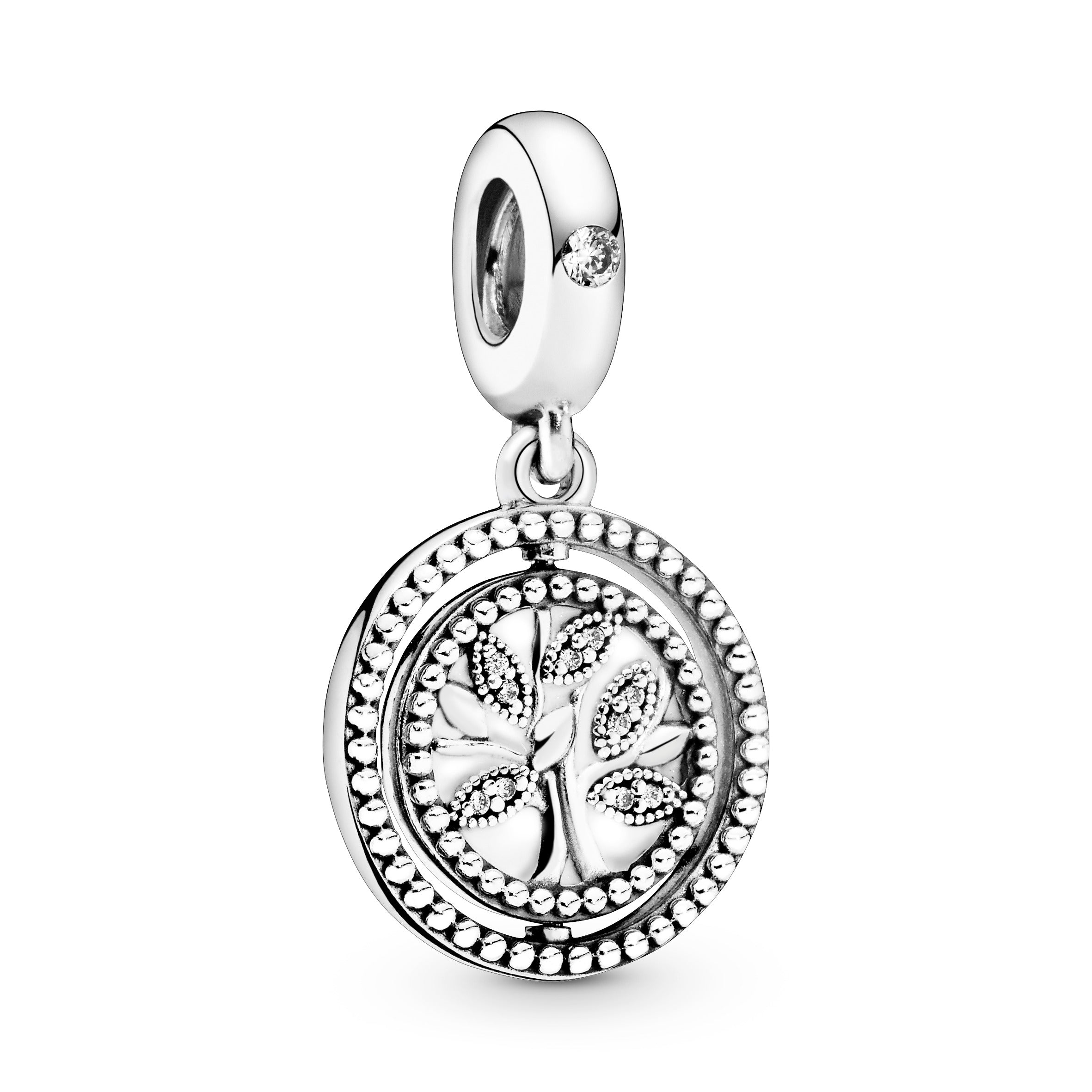 Spinning family tree silver dangle with clear cubic zirconia and white enamel