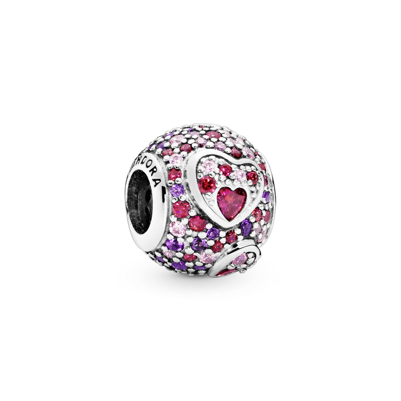 Heart silver charm with red and pink cubic zirconia and royal purple crystal