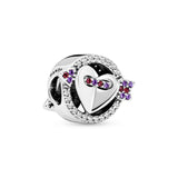 Heart and arrow silver charm with clear and red cubic zirconia and royal purple crystal