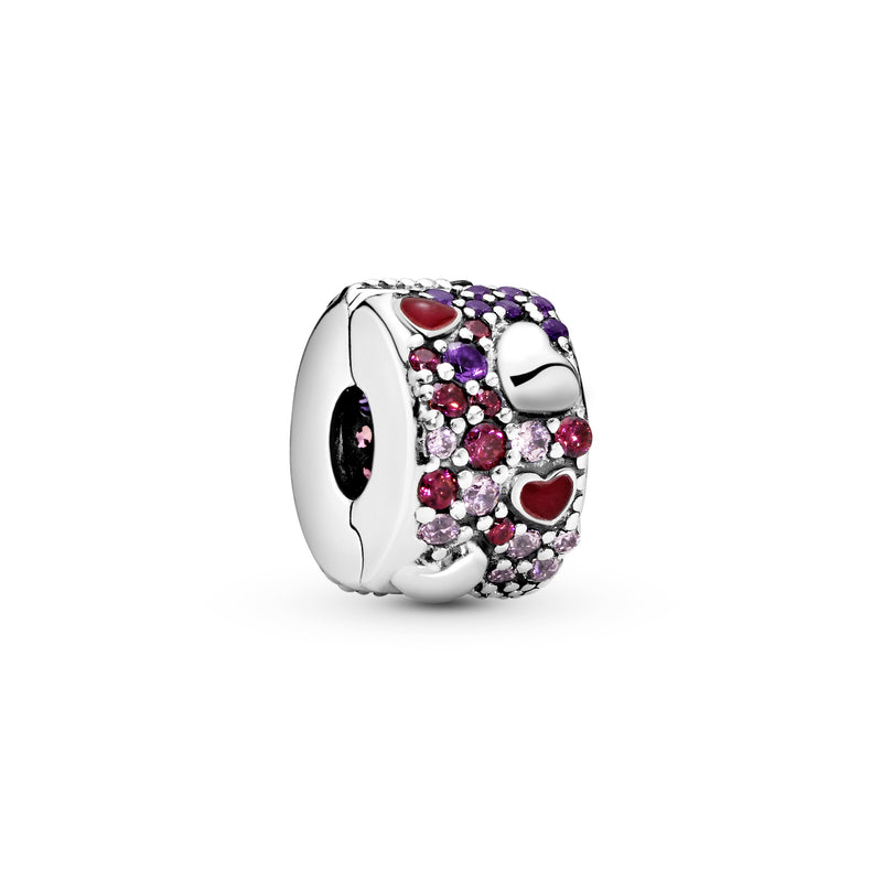 Heart silver clip with red and pink cubic zirconia, royal purple crystal and red enamel