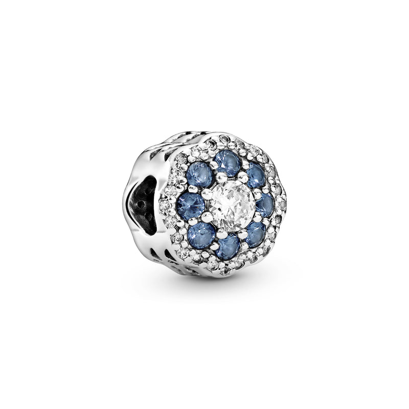 Flower silver charm with moonlight blue crystal and clear cubic zirconia