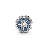 Flower silver charm with moonlight blue crystal and clear cubic zirconia