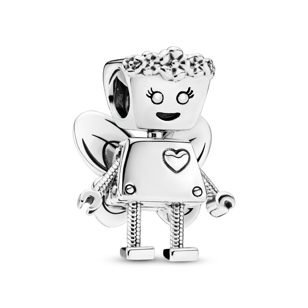 Robot girl with flowers and wings silver charm