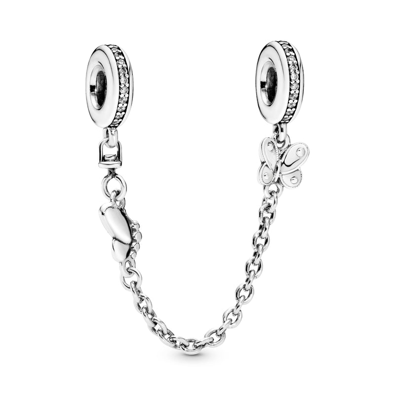 Butterfly silver safety chain with clear cubic zirconia