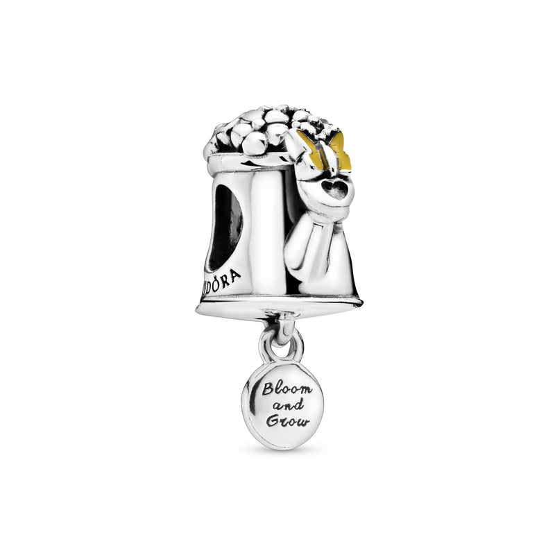 Watering can silver charm with pink, yellow enamel and clear cubic zirconia
